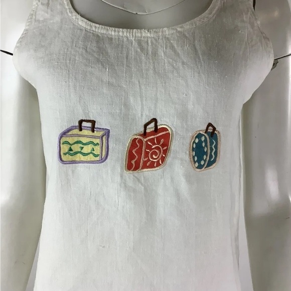 Vintage 90s Liz & Jane Sz M 100% Linen Boxy Embroidered Tank Top White Pullon - Picture 2 of 7